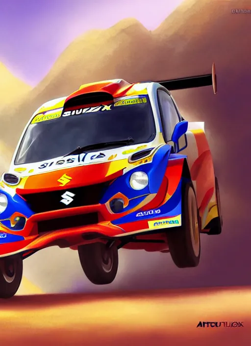 Prompt: suzuki pikes peak rally car, natural lighting, path traced, highly detailed, high quality, digital painting, by don bluth and ross tran and studio ghibli and alphonse mucha, artgerm