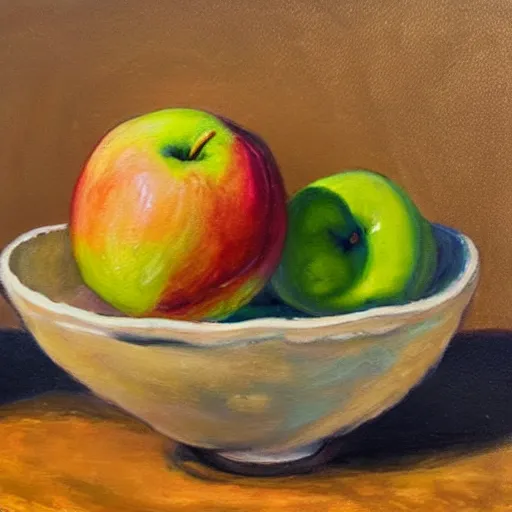 Prompt: a painting of an apple in a bowl