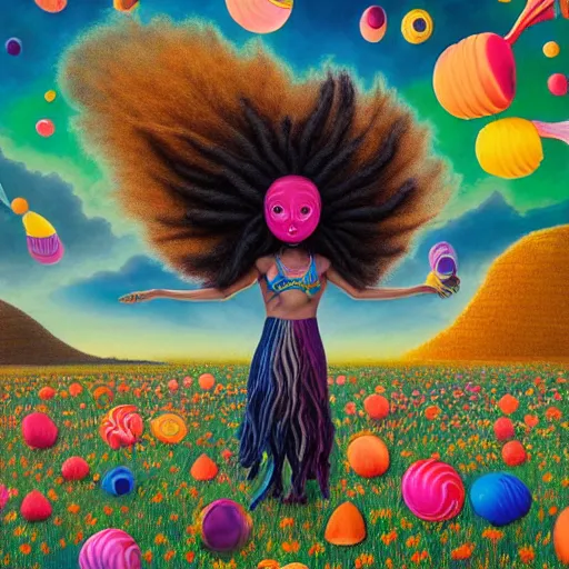 Image similar to a wide angle shot of a black girl with colorful dreadlocks in a field of candy, by Adi granov and afarin sajedi and amanda sage and evgeni gordiets and Agostino Arrivabene and adonna khare in a psychedelic portrait style, ultrarealistic matte painting, volumetric lighting, fractal, extremely symmetrical, highly detailed face, orisha, 8k, hd