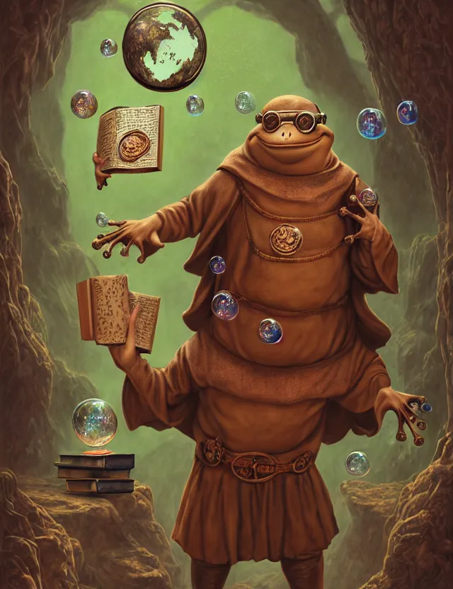 Prompt: anthropomorphic bipedal frog that is dressed as a medieval librarian, and holding a giant book in his hand, and wearing copper goggles, as a matte oil painting and d & d character art, by alex grey, standing, fullbody, floating bubbles, lenses, concept art, award - winning, extremely detailed, sharp focus