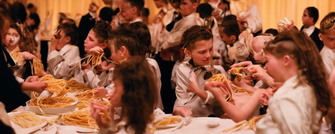 Prompt: young people eating spaghetti at a cotillion dance, fancy outfits, high detailed face, facial expression, small details, intricate, canon 5 0 mm, high detail, intricate, cinematic lighting, photography, wes anderson, film, kodachrome