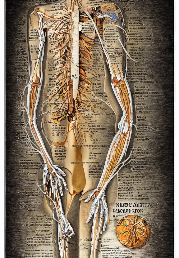 Prompt: highly detailed labeled medical anatomy poster of a robotic ent + anatomical drawing on poster paper with notes + well - lit, ray tracing, detailed + mechanism, ent, tree forbidden - knowledge, intricate details, gold and silver ink