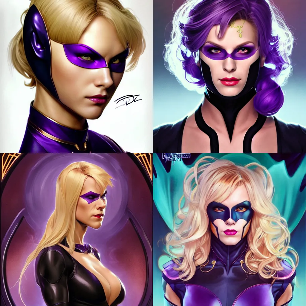 Prompt: character concept portrait, symmetrical head - on centralized, dinah drake smirks, ( ( mask ) ), blond, black and purple costume. detailed, high quality, dynamic lighting, fantasy. artwork by artgerm, wlop, alex ross, greg rutknowski, alphonse mucha