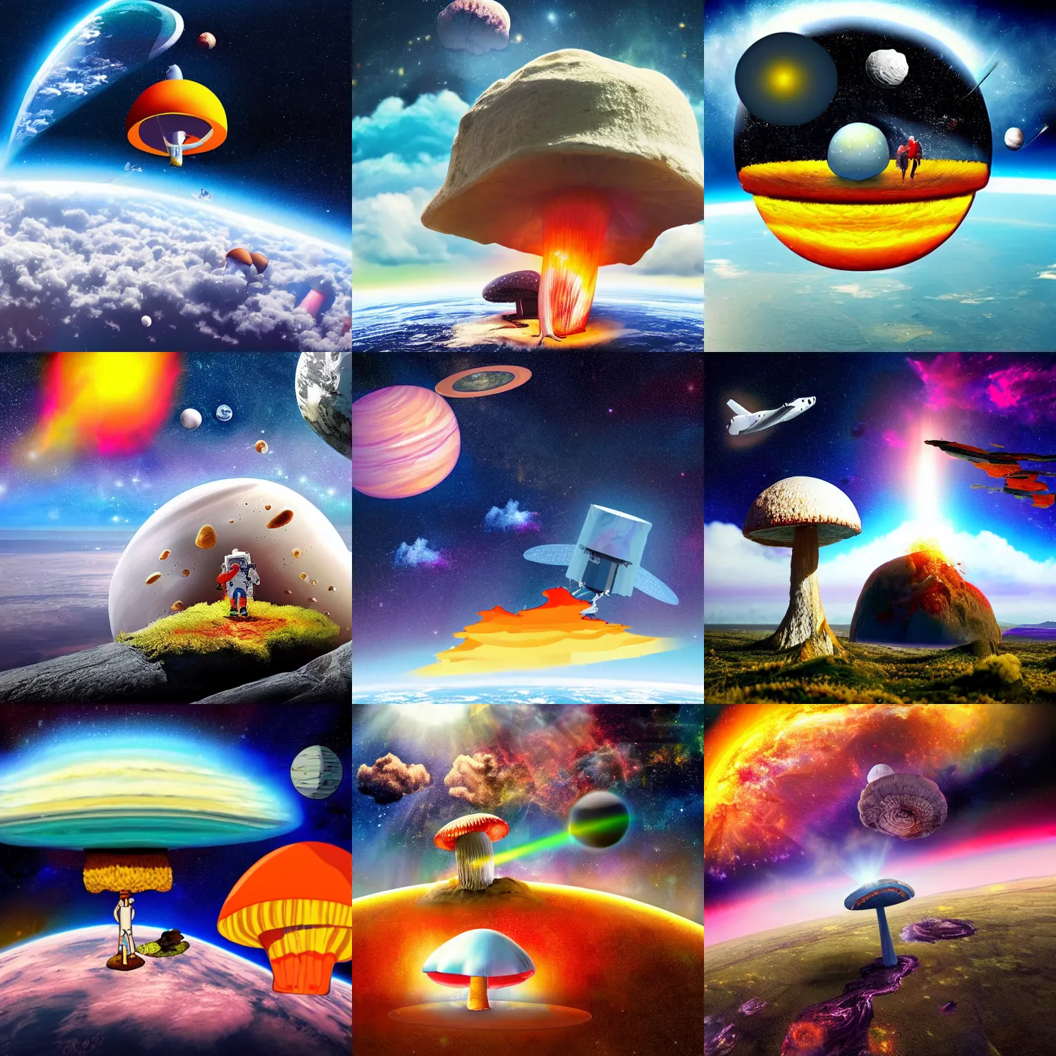 Prompt: a flying island in space, an astronaut standing on the island ramming a fly agaric in the ground, stars and planet earth in the background surrounded by colorful clouds, flying island is a giant rock