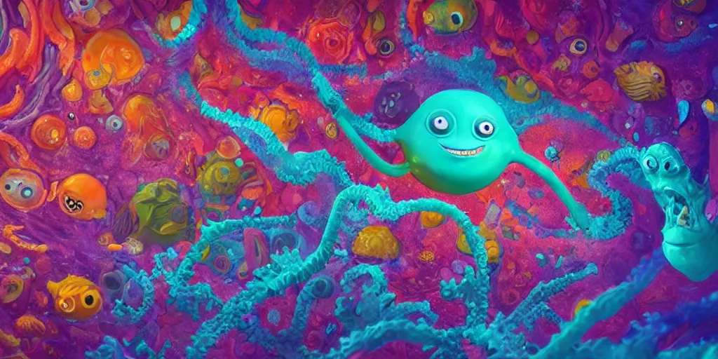 Image similar to of a colorful deep sea under water with strange cute friendly happy creatures with huge eyes, mouth, long tongue and round teeth appearing from sandy coral, in the style of gehry and gaudi, macro lens, shallow depth of field, ultra detailed, digital painting, trending artstation, concept art, illustration, cinematic lighting, photorealism, epic, octane render