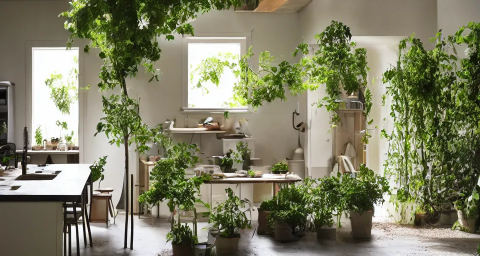 Image similar to IKEA catalogue photo, high end farm house style kitchen, sand piled in corners, dust, organic, vines, overgrown, tropical, by Dali