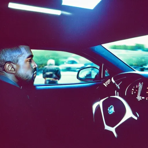 Prompt: photo of kanye west driving the batmobile cinestill, 800t, 35mm, full-HD