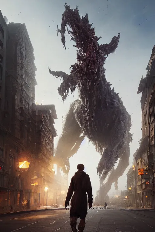 Prompt: a beautiful portrait of a giant michanical beast walking through the city by Greg Rutkowski, Sung Choi, Mitchell Mohrhauser, Maciej Kuciara, Johnson Ting, Maxim Verehin, Peter Konig, final fantasy, Marco lense , 8k photorealistic, cinematic lighting, HD, high details, atmospheric , trending on artstation