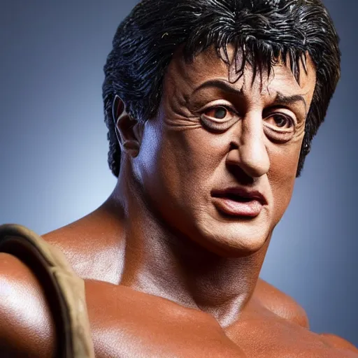 Prompt: animatronic Sylvester Stallone, exposed mechanics, photo, Stan Winston studios, detailed, 4k