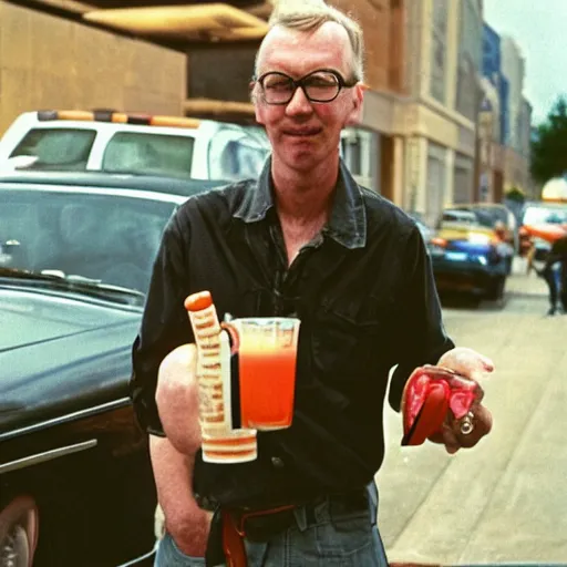 Image similar to hugh hopper holding an orange and a diet pepsi sitting on a street corner