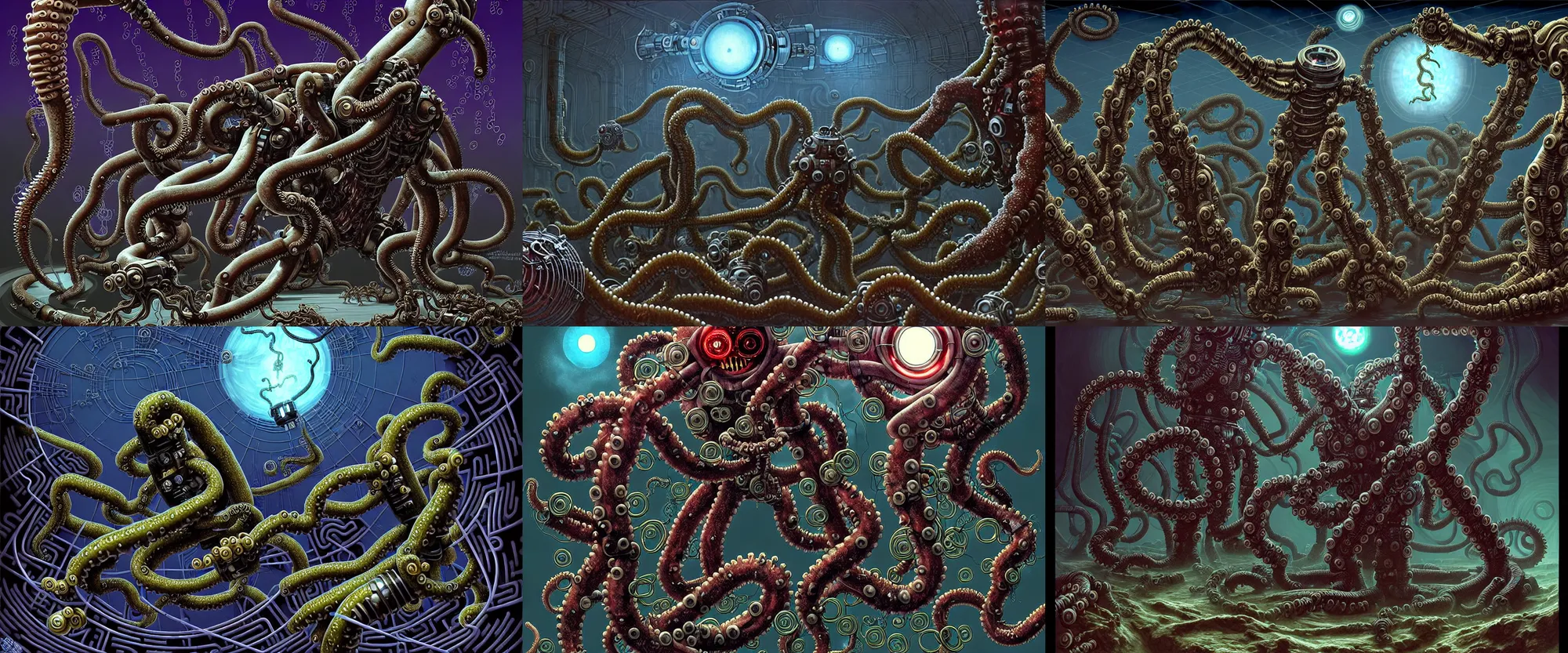 Prompt: An absurdly detailed digital drawing of a robot-person with an arm-cannon firing energy-bolts at enemy meat-teeth-eye-body-horror-tentacle monster creatures. sci-fi labyrinth, action perspective concept, by Kev Walker, Carl Critchlow, by Ron Spencer, by Lovecraft Giger, cyborg by Vincent Di Fate | Android-Metroid-Megaman, a robot named fight. A robot warrior stands in a meat-corrupted sci-fi corridor with branching doorway paths