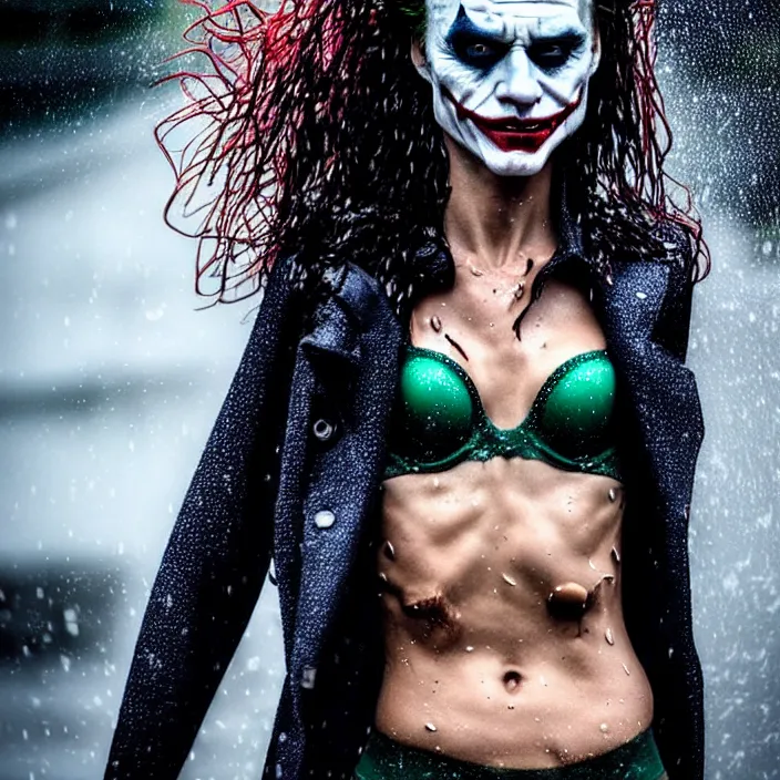 Image similar to fully body pose, photo of a very beautiful!! victoria secret model, the joker, wet hair, raining, 8 k, hdr, smooth, sharp focus, high resolution, award - winning photo, trending on artstation, dslr, 5 0 mm