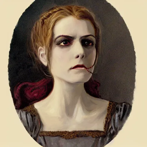 Image similar to head and shoulder professional portrait of a victorian female vampire, painted in the style of bloodborne, muted colors, vampire fashion, highly detailed, melancholy, vampire teeth