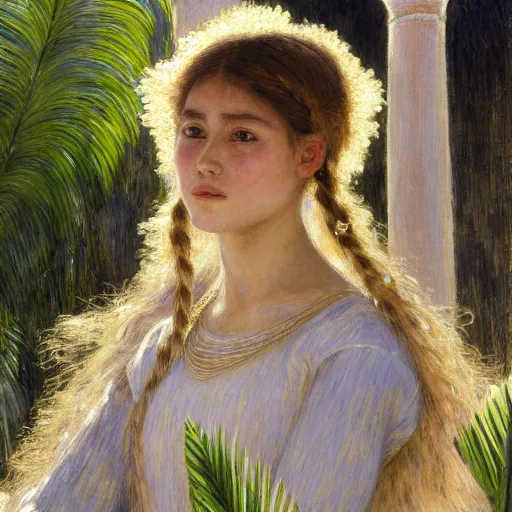 Image similar to a ultradetailed beautiful painting of a girl in the amazonas palace balustrade designed by jules bastien - lepage, tarsila do amaral, frank weston and gustave baumann, beach, trending on artstation, mediterranean, palm trees, hyper detailed face, sharp focus, soft light, 8 k 4 k