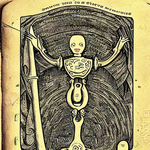 Image similar to depiction of artificial intelligence in grimoire, neural networks, vintage look, weathered pages, spells, demons, high detail,