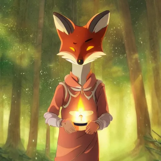 Image similar to a fantasy fox humanoid anime character carrying a candle in his hands, the forest, by studio ghibli and japanese style