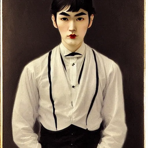 Prompt: full body painting of grumpy handsome thin beautiful man in his 2 0 s named min - jun in a french female maid outfit, modern clothing, elegant, clear, painting, stylized, delicate facial features, stylized thin lines, soft but grumpy, highly detailed, art, art by egon alphonse yamamoto