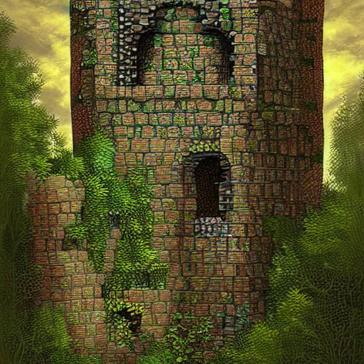 Prompt: ruins of a tower covered in creepers, beautiful, intricate, detailed, digital art painting