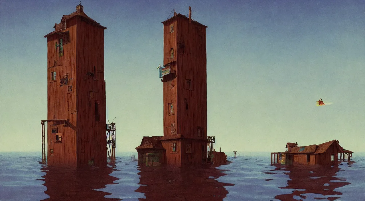 Image similar to single flooded simple wooden tower, very coherent and colorful high contrast!! masterpiece by rene magritte simon stalenhag carl spitzweg syd mead norman rockwell edward hopper james gilleard, minimalist, dark shadows, sunny day, hard lighting