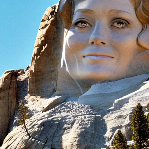 Prompt: beautiful smiling emma stone's face is carved into mount rushmore. national geographic, magazine cover, landscape, mountain, sky, daylight