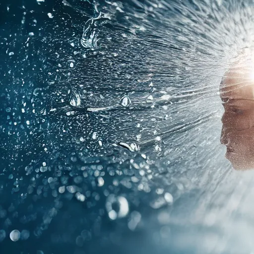 Image similar to spilling water creating a human head out of water, on the ocean water, ray tracing, realistic water sharp focus, long shot, 8 k resolution, cinematic, amazing water art