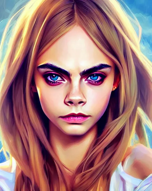 Image similar to portrait of Cara Delevingne as Anime girl cute-fine-face, full body! pretty face, realistic shaded Perfect face, fine details. Anime. realistic shaded lighting by Ilya Kuvshinov Giuseppe Dangelico Pino and Michael Garmash and Rob Rey