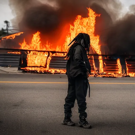 Prompt: Candid extreme wide shot of a poor techwear mixed woman with tattoos outside of a futuristic Los Angeles on fire, homeless tents on the side of the road, military police, cyberpunk, 4k, extreme long shot, desaturated, full shot, action shot, motion blur, sigma 85mm f/1.4, high resolution, 4k, 8k, hd, full color, important moment in history, award winning photography