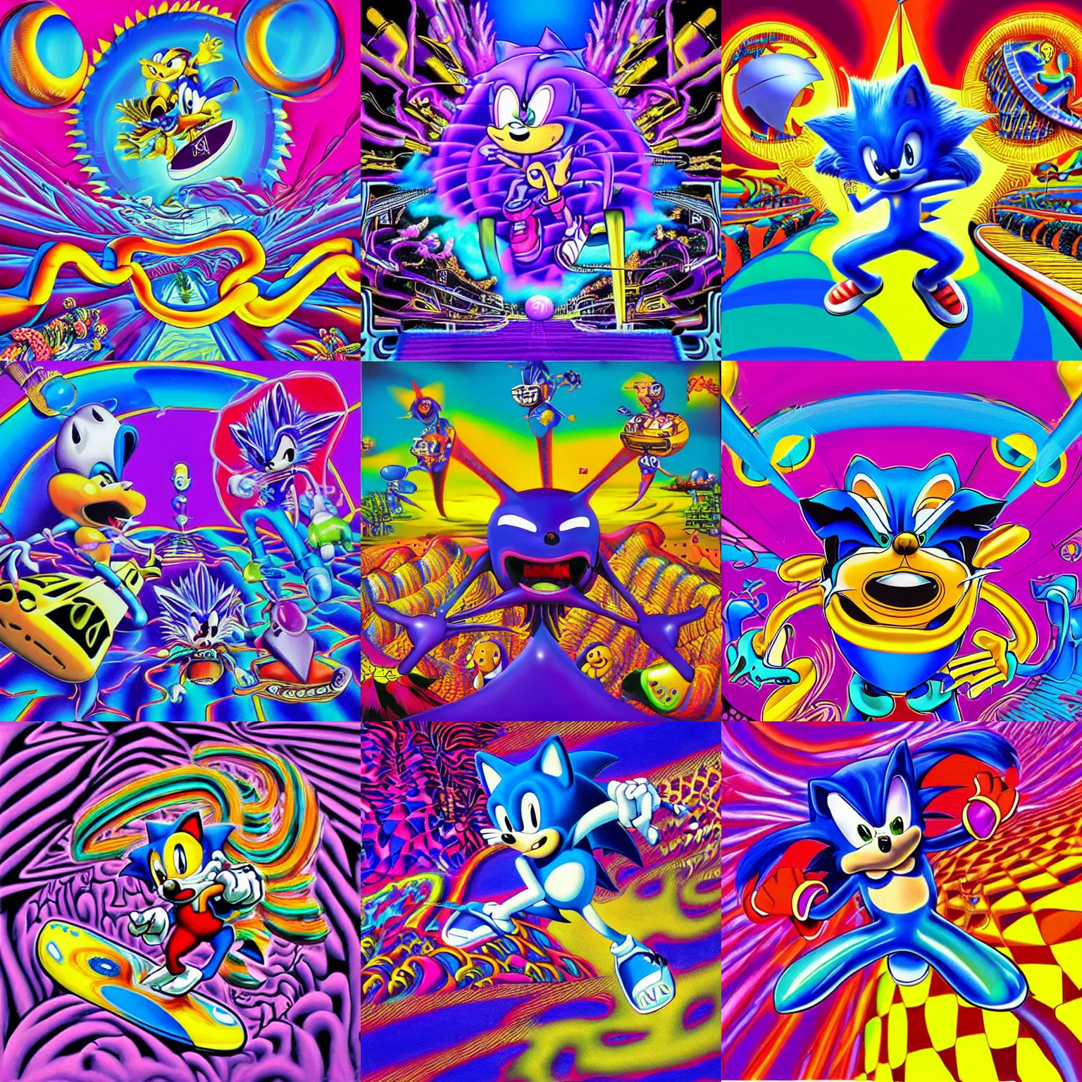 Prompt: surreal, sharp, lowbrow, detailed professional, high quality airbrush art mgmt album cover of a liquid dissolving lsd dmt blue sonic the hedgehog airbrush art surfing through cyberspace, purple checkerboard background, 1 9 9 0 s 1 9 9 2 acid house techno sega genesis video game album cover