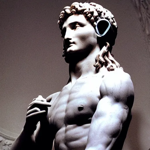 Image similar to A photo of Michelangelo’s sculpture of David wearing headphones DJing