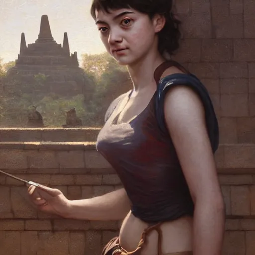 Image similar to expressive oil painting of arya stark at borobudur, smooth glowing skin, glamour shot, by yoshitaka amano, by bouguereau, bygreg rutkowski, by jeremy lipking, by artgerm, digital art, octane render