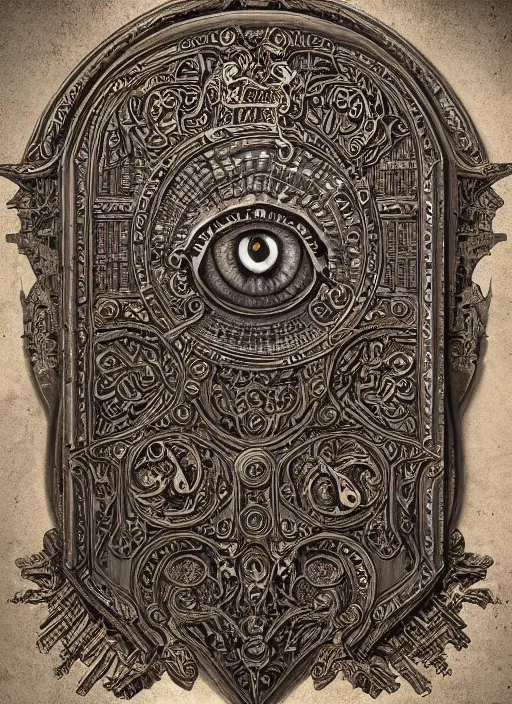 Prompt: an ancient ornate intricate old tome spell book with the sigil symbol of an eye emblazoned on the cover, cinematic, realistic, intricate detail, finely detailed, small details, extra detail, photorealistic, high resolution, 3D, PBR, path tracing, volumetric lighting, octane render, arnold render, 8k