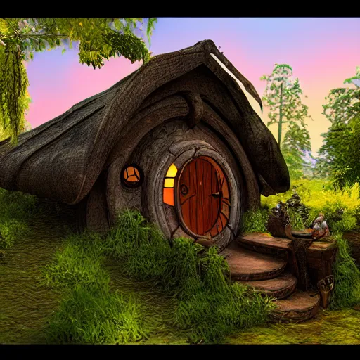 Image similar to hobbit house as a scene from quake 3, digital art