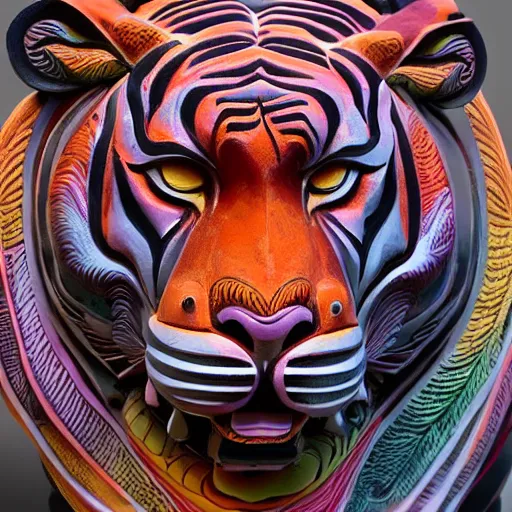 Image similar to breathtakingly cool beautiful stylised balinese carving ornate coloured sculpture tiger, extreme closeup, 8 k artstation