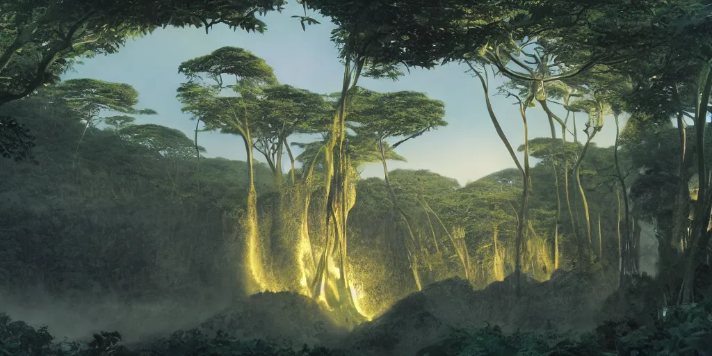 Prompt: a twirly architectural monument right in the middle of a huge crater in a tropical forest, ralph maquarrie and syd mead cinematic matte painting, 4 k