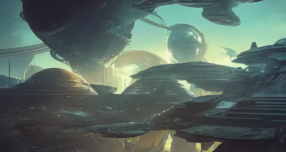 Image similar to Retro futuristic Sci-Fi space scene, Giant Aztec spaceship, nebulas swirls, dusk lighting, intricate details ,by denis villeneuve, Ridley Scott, Greg Rutkowski and Alphonse Mucha