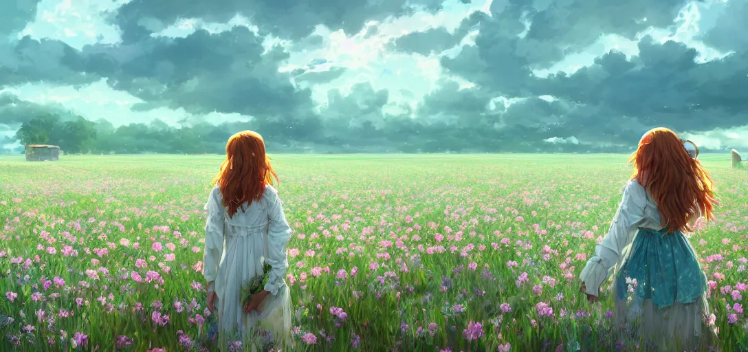 Image similar to a beautiful southern woman named Savannah, innocent, sad turquoise eyes, freckles, long ginger hair tied with white ribbon, relaxed in a field of flowers on a farm, gentle lighting, storm in the distance, somber, western clothing, dress, digital art by Makoto Shinkai ilya kuvshinov and Wojtek Fus, digital art, concept art,