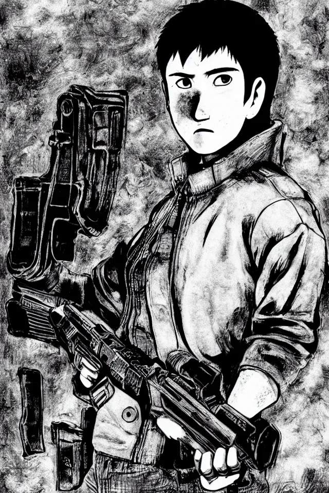 Image similar to a portrait of kaneda from akira with a glock - 1 8 gen 4, in the art style of katsuhiro otomo, realistic, highly detailed, b & w, 4 k