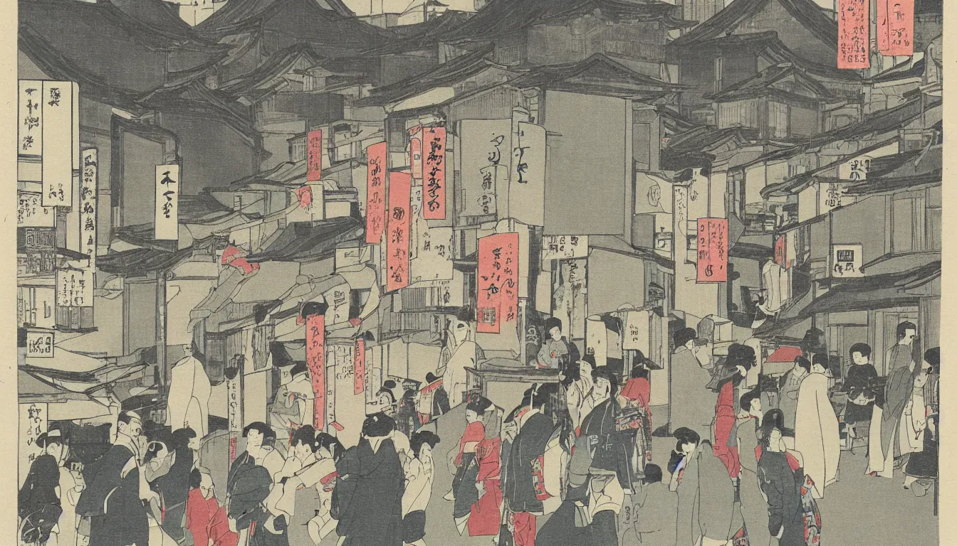 Prompt: ido period street, japanese illustration