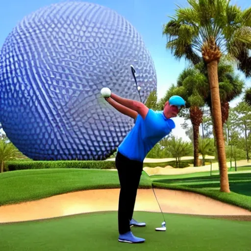 Prompt: a giant playing golf using epcot as the ball in real life, highly detailed, extremely high resolution, ultra realistic