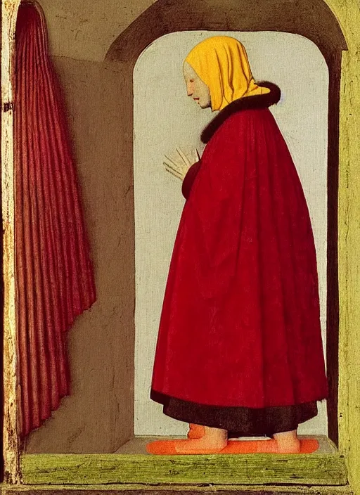 Image similar to Profile of Fallen Angel dressed in red, Medieval painting by Jan van Eyck, Johannes Vermeer, Florence