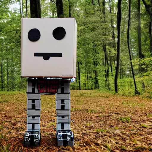 Image similar to robot made of a cardboard box, walking through the forest, in the style of Norman Rockwell