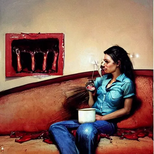 Prompt: Mila Kunis consumes bbq ribs on a sofa in a dark kitchen lit by a single bulb, painted by rick berry and norman rockwell and zdzislaw beksinski, highly detailed