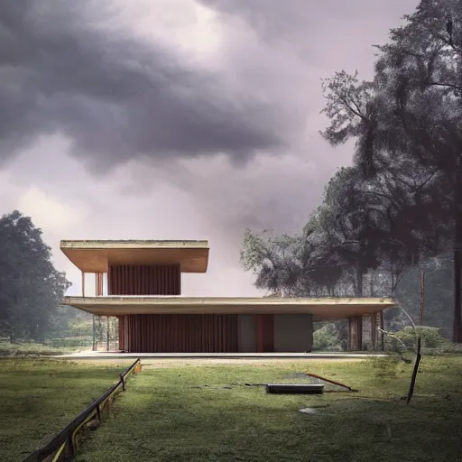 Image similar to rectangular modernist house inspired by a tibetan palace, surrounded by thick collumns, two levels, in a field, big trees, clouds, dramatic lighting, artstation, matte painting, raphael lacoste, simon stalenhag, frank lloyd wright, drone view