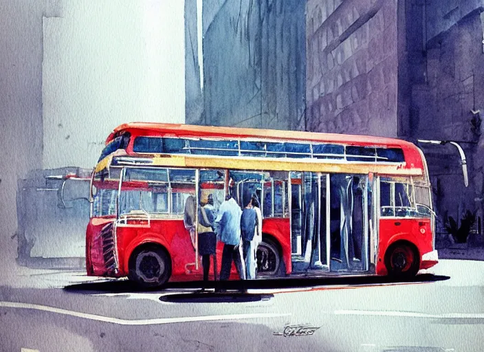 Image similar to concept art of a urban bus, pinterest, artstation trending, behance, watercolor, by coby whitmore, silver, laser light,