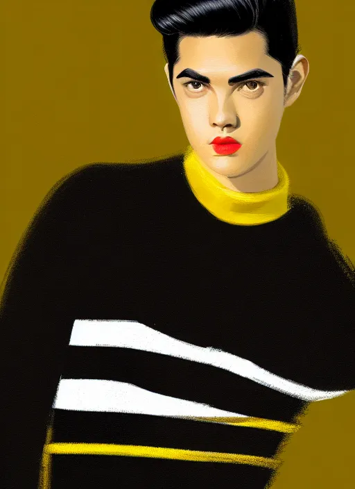 Image similar to portrait of young reggie mantle, mean smirk, egotistical, slicked back hair, striped yellow and black sweater, 1 9 5 0 s, intricate, elegant, glowing lights, highly detailed, digital painting, artstation, concept art, smooth, sharp focus, illustration, art by wlop, mars ravelo and greg rutkowski