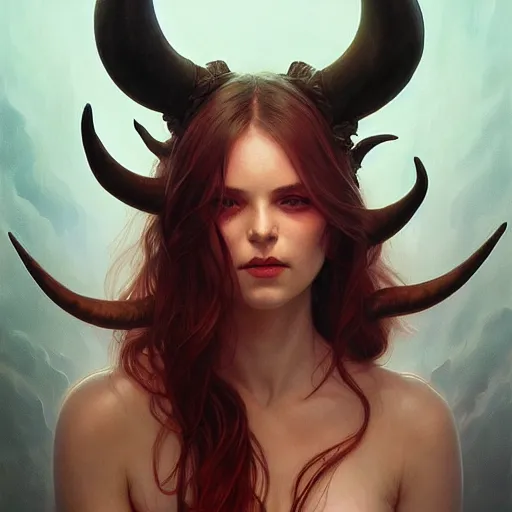 Prompt: portrait of beautiful pale demon girl with horns, cenematic dramatic volumetric lighting, rim light, intricate, elegant, highly detailed, digital painting, artstation, smooth, sharp focus, illustration, art by artgerm and greg rutkowski and alphonse mucha and wayne barlowe