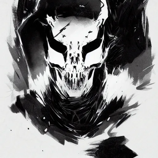 Prompt: portrait of a character wearing a black cloak, with a white mask in the shape of an animal skull, the mask covers her entire face, dramatic lighting, illustration by Greg rutkowski, yoji shinkawa, 4k, digital art, concept art, trending on artstation