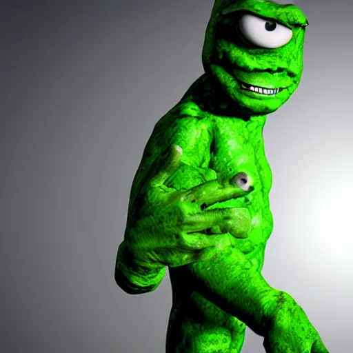 Prompt: a film still from a horror movie featuring a lime monster that has hand and legs, scars on his face, 3 d render, blender, unreal engine