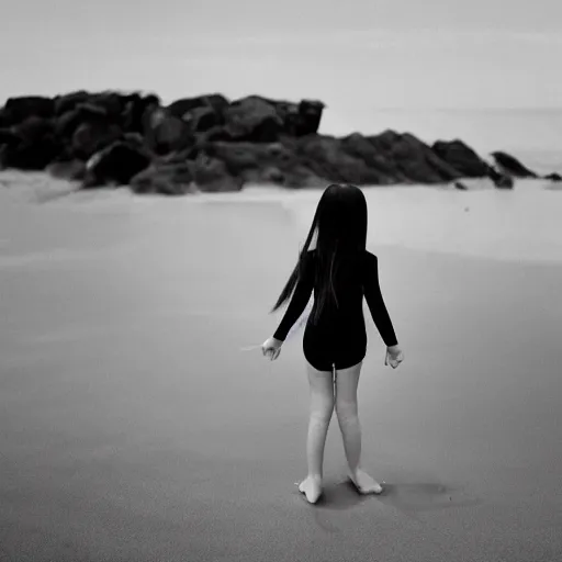 Image similar to b & w photo of wednesday addams at the beach