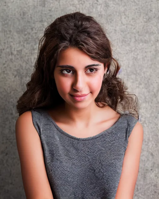 Image similar to a highly realistic, true to life portrait of a beautiful young middle eastern girl, soft focus, from the waist up, with sharp features, a beautiful face, soft smile, under studio lighting, taken with a canon eos camera with 1 3 5 mm focal length